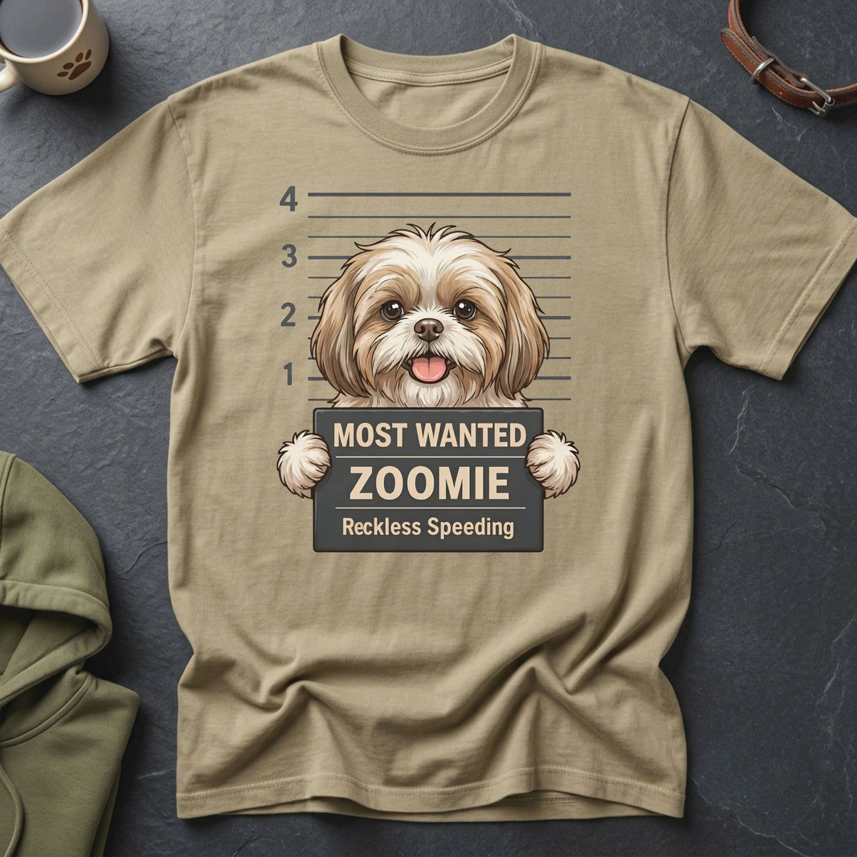 Shih Tzu dog mugshot with text "Most Wanted Zoomie Reckless Speeding".