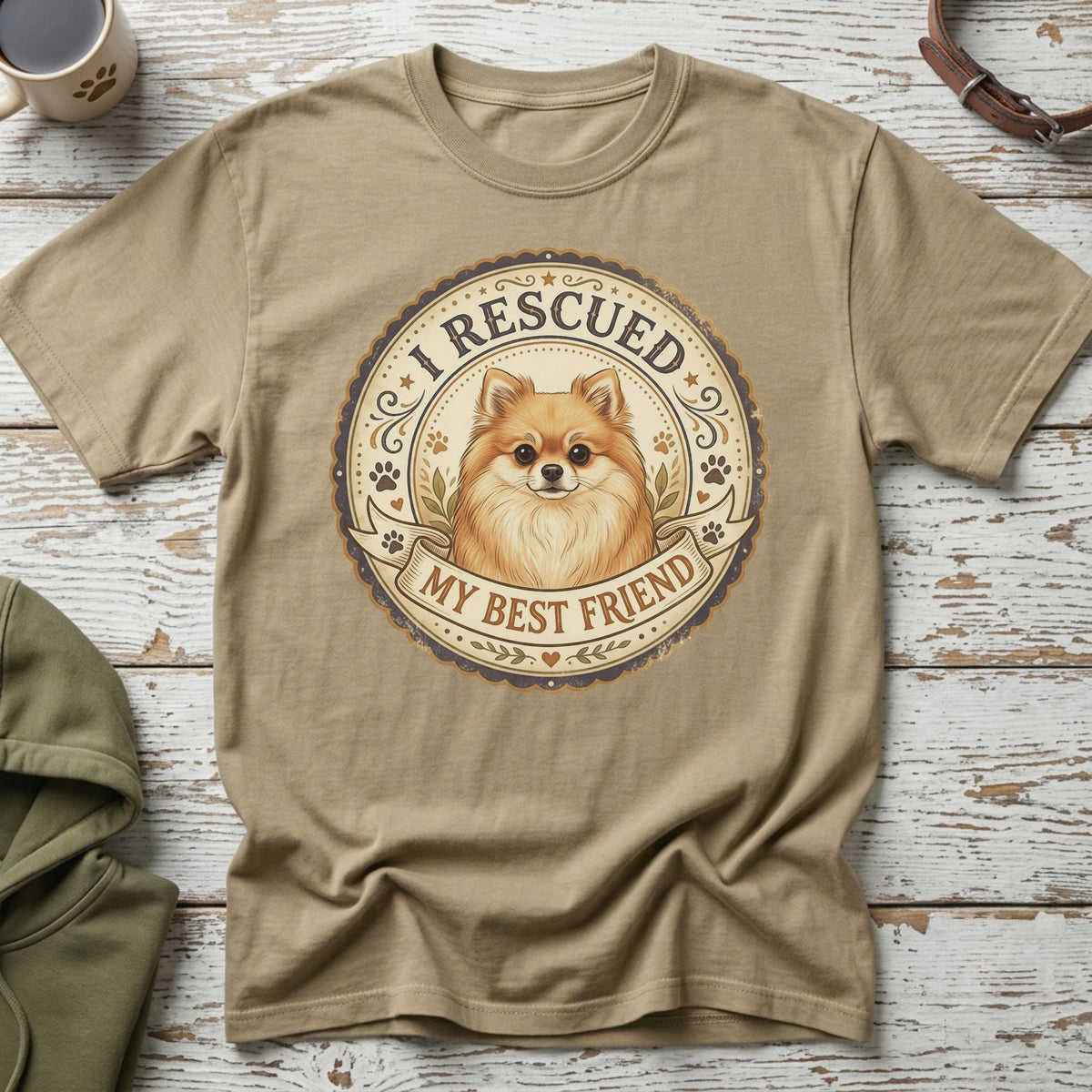 T-shirt with "I Rescued My Best Friend" and a Pomeranian dog graphic.