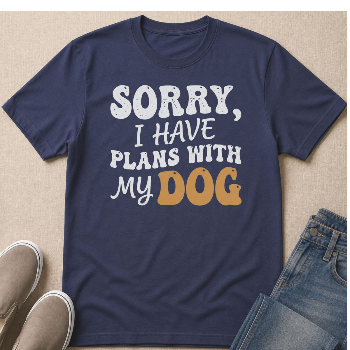Navy t-shirt with "Sorry, I Have Plans With My Dog" text graphic.