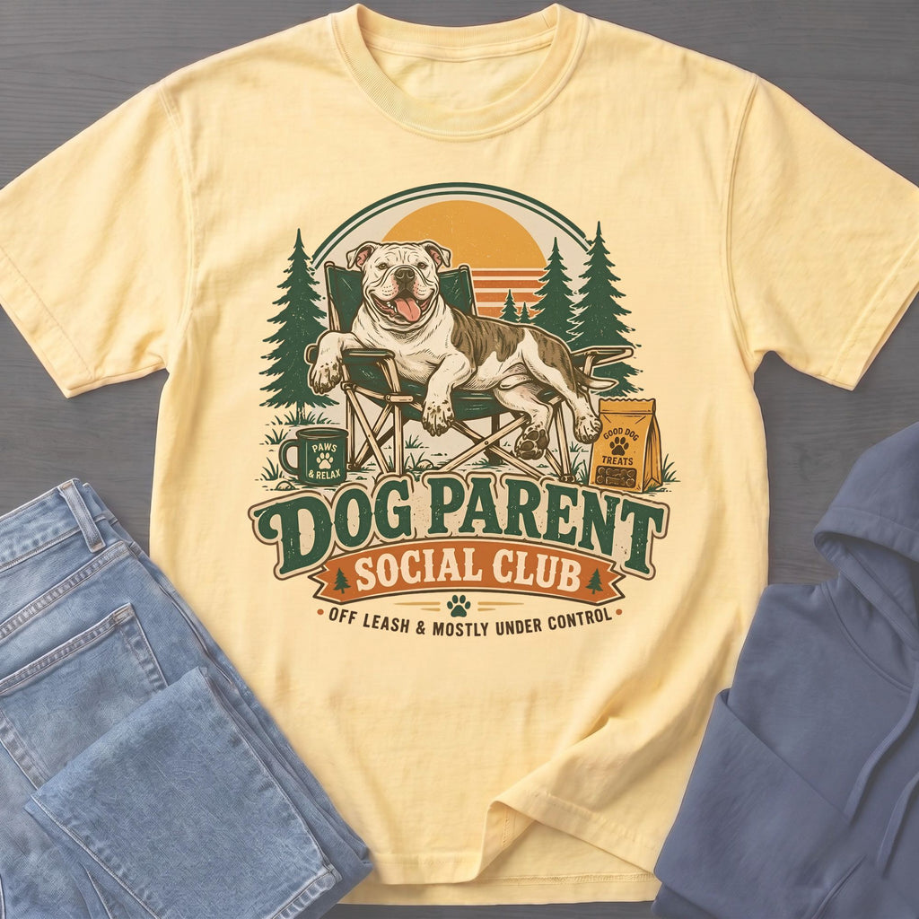Yellow t-shirt with a pitbull relaxing in a camping chair and text "Dog Parent Social Club".