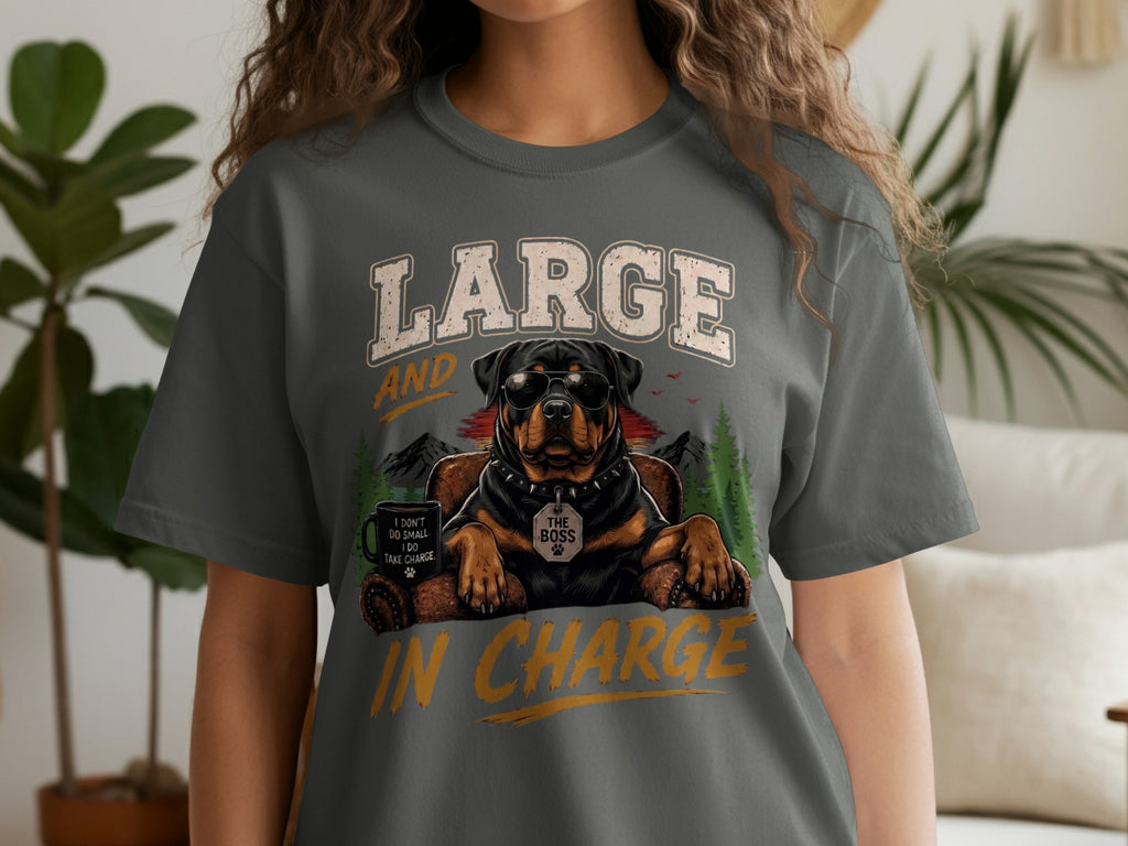 Rottweiler with sunglasses and "The Boss" tag on t-shirt, saying "Large and in Charge."