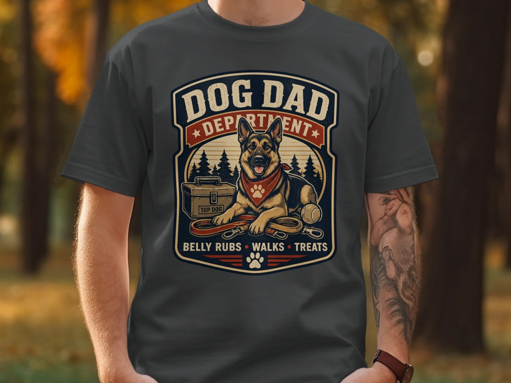 German Shepherd graphic on a dark grey t-shirt with "Dog Dad Department" and "Belly Rubs Walks Treats".