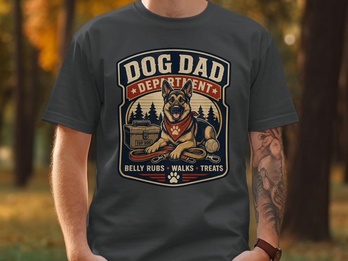 German Shepherd graphic on a dark grey t-shirt with "Dog Dad Department" and "Belly Rubs Walks Treats".