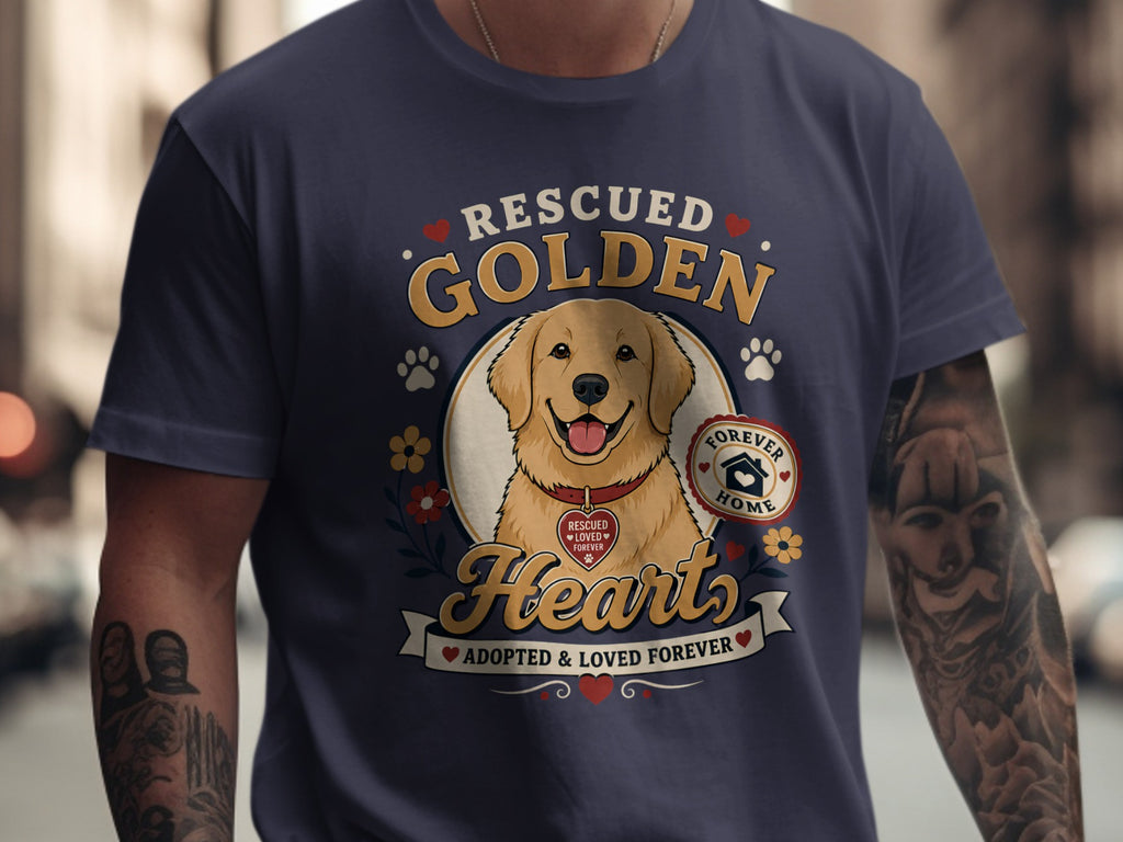 Navy t-shirt with a Golden Retriever illustration and text: "Rescued Golden Hearts Adopted & Loved Forever."
