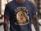 Navy t-shirt with a Golden Retriever illustration and text: "Rescued Golden Hearts Adopted & Loved Forever."