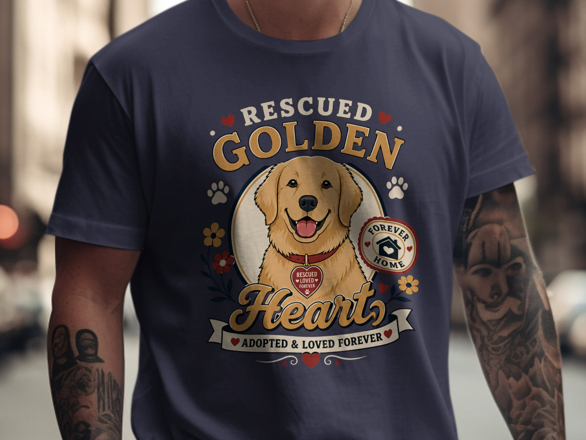 Navy t-shirt with a Golden Retriever illustration and text: "Rescued Golden Hearts Adopted & Loved Forever."