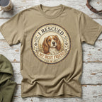 T-shirt with a circular graphic of a dog and text "I RESCUED MY BEST FRIEND".