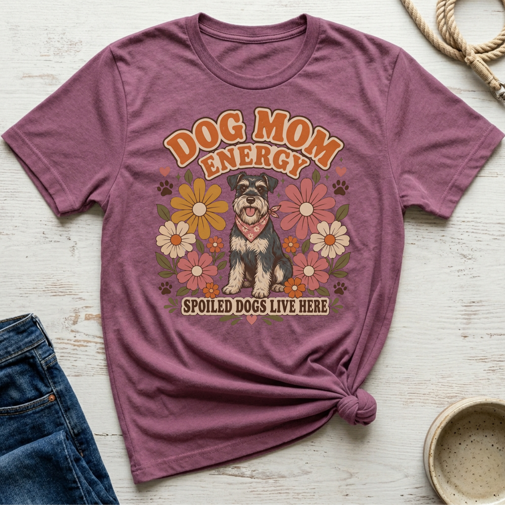 Purple t-shirt with "Dog Mom Energy" and "Spoiled Dogs Live Here" text.