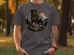 Rottweiler wearing a backpack on a mountain landscape with a sunset.