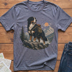 Bernese Mountain Dog wearing a backpack on a rock with mountains in the background.