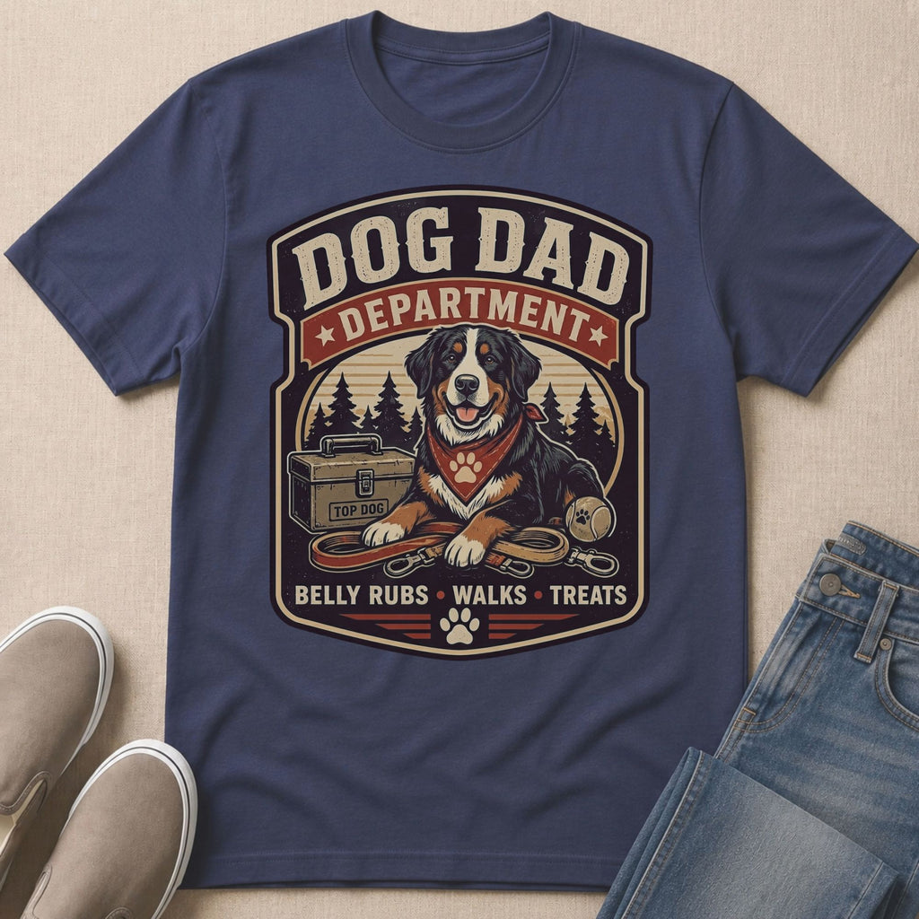 Bernese Mountain Dog wearing bandana with "DOG DAD DEPARTMENT" text, leash, and ball.
