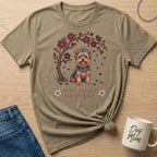 T-shirt with a Yorkshire Terrier under a flowering tree, saying "Soft Heart Loyal Soul".