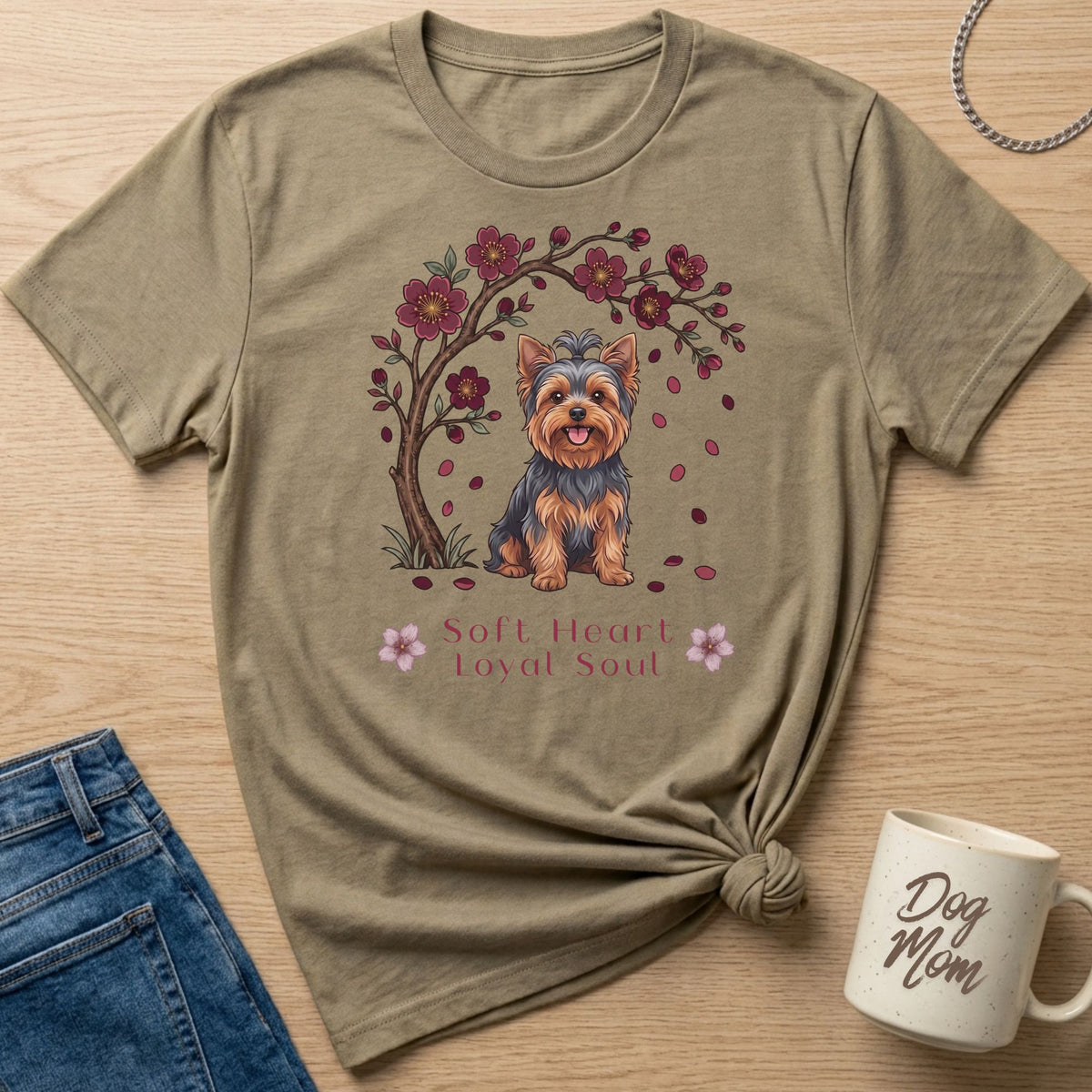 T-shirt with a Yorkshire Terrier under a flowering tree, saying "Soft Heart Loyal Soul".