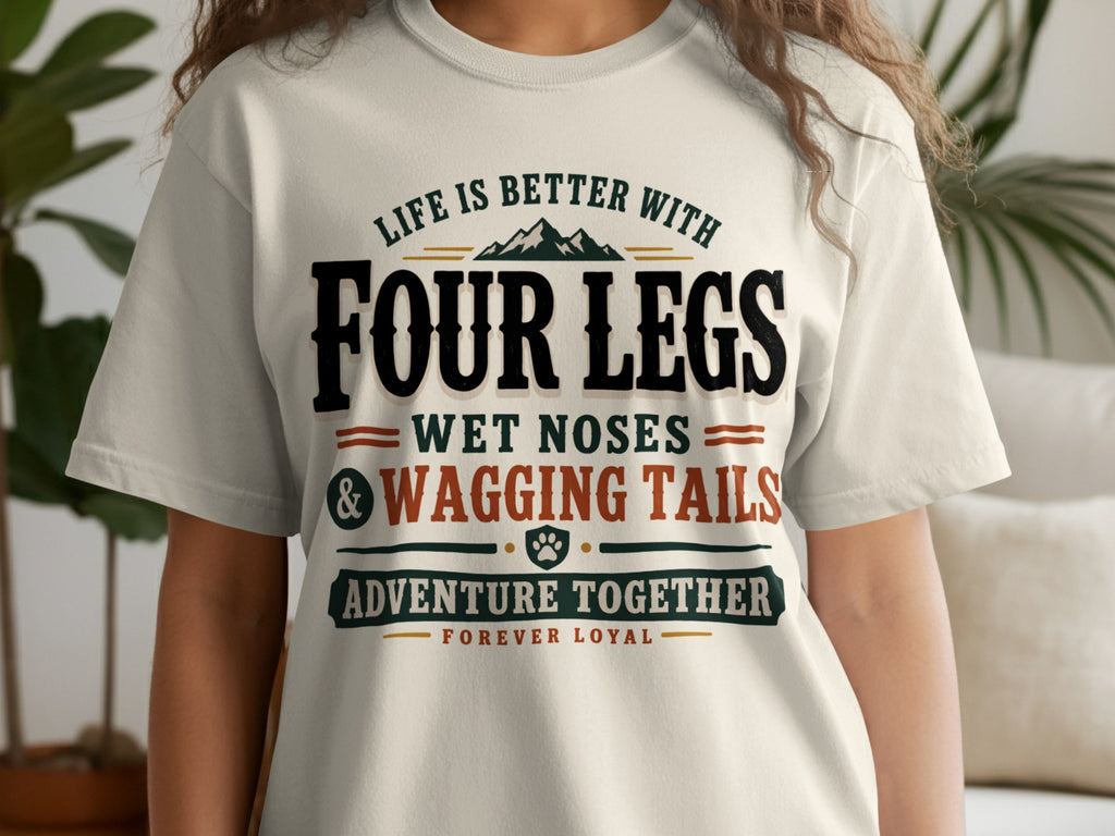 "Life is better with four legs, wet noses, and wagging tails" t-shirt.