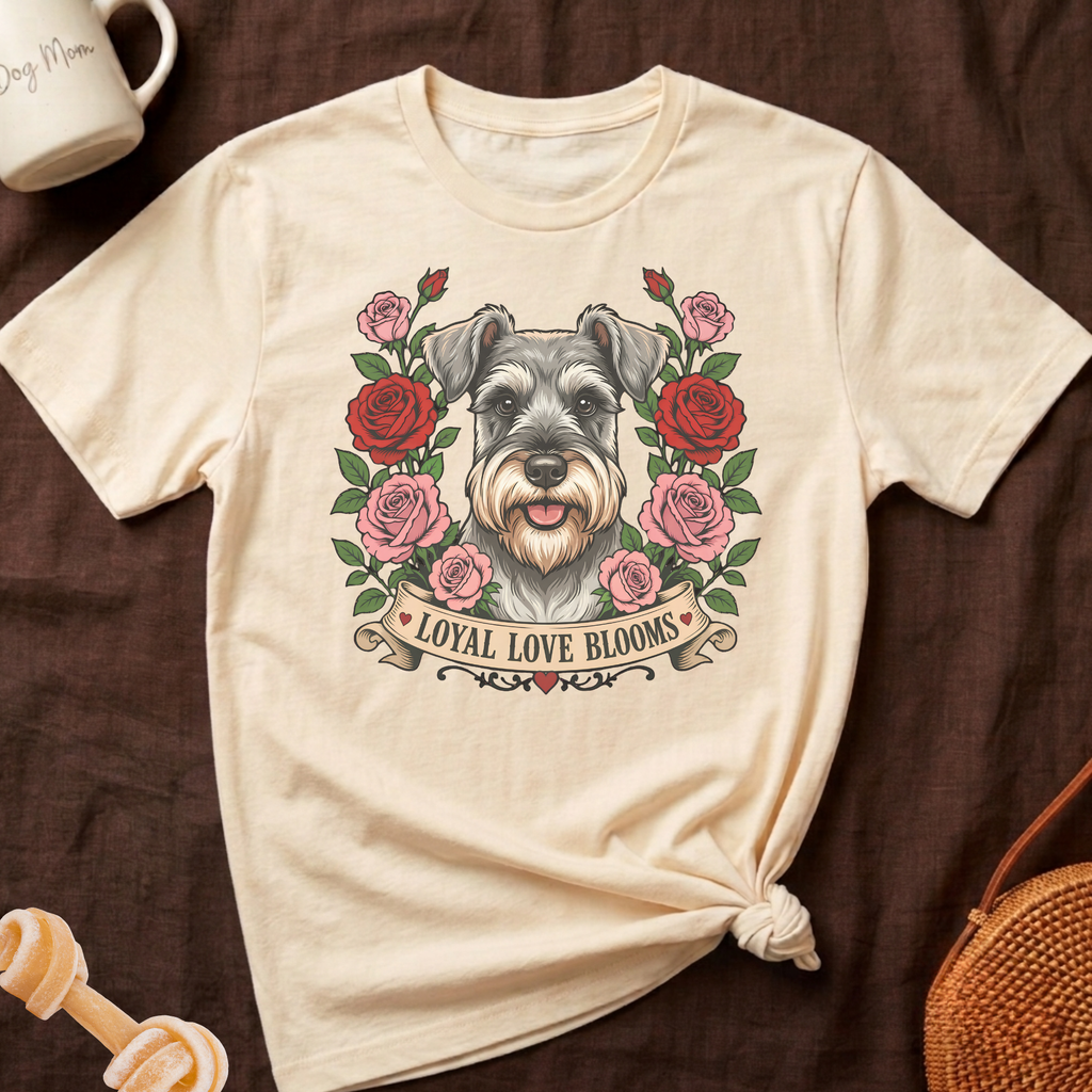 Schnauzer face with roses and banner text "Loyal Love Blooms".