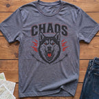 Gray t-shirt with "CHAOS" text and a wolf graphic with barbed wire.