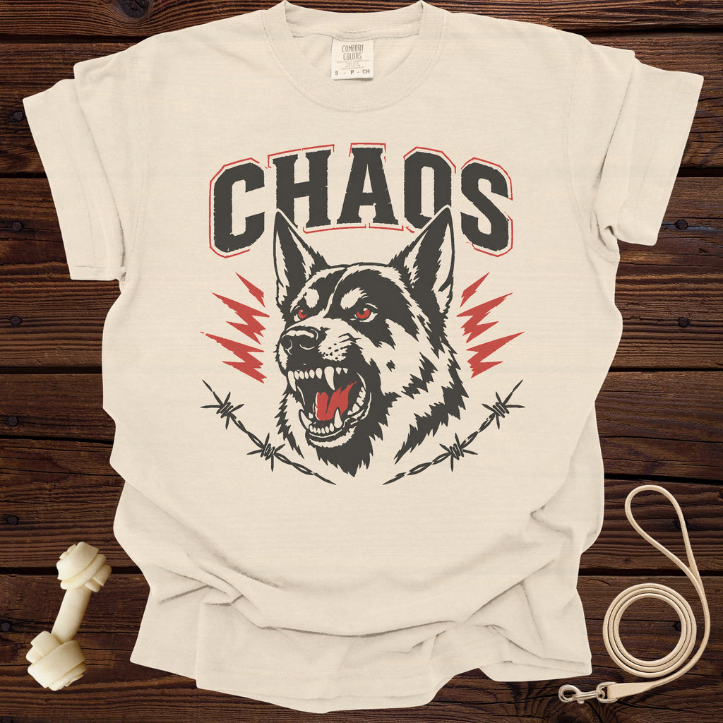 T-shirt with "CHAOS" text and snarling dog graphic with barbed wire.