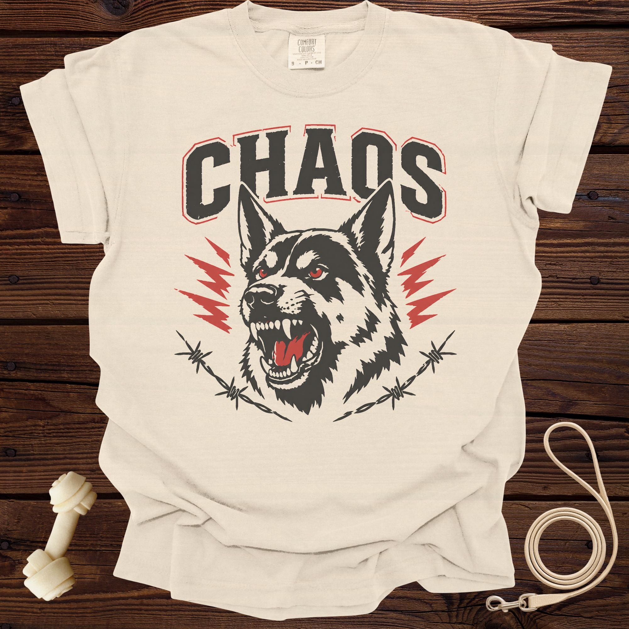 T-shirt with "CHAOS" text and snarling dog graphic with barbed wire.