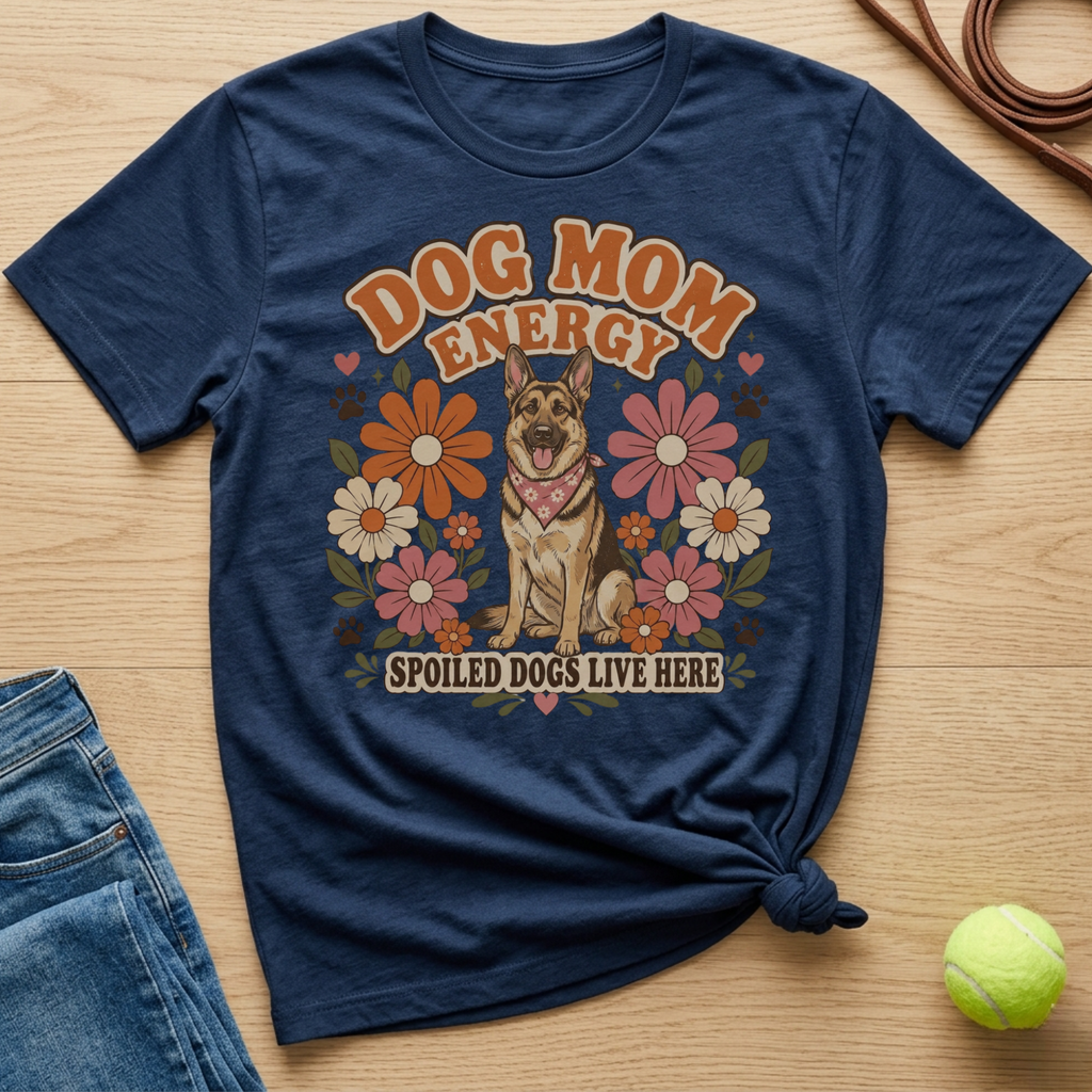 Navy t-shirt with German Shepherd and "Dog Mom Energy Spoiled Dogs Live Here" text.