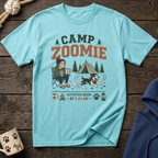 Light blue t-shirt with "CAMP ZOOMIE" graphic and camping scene.