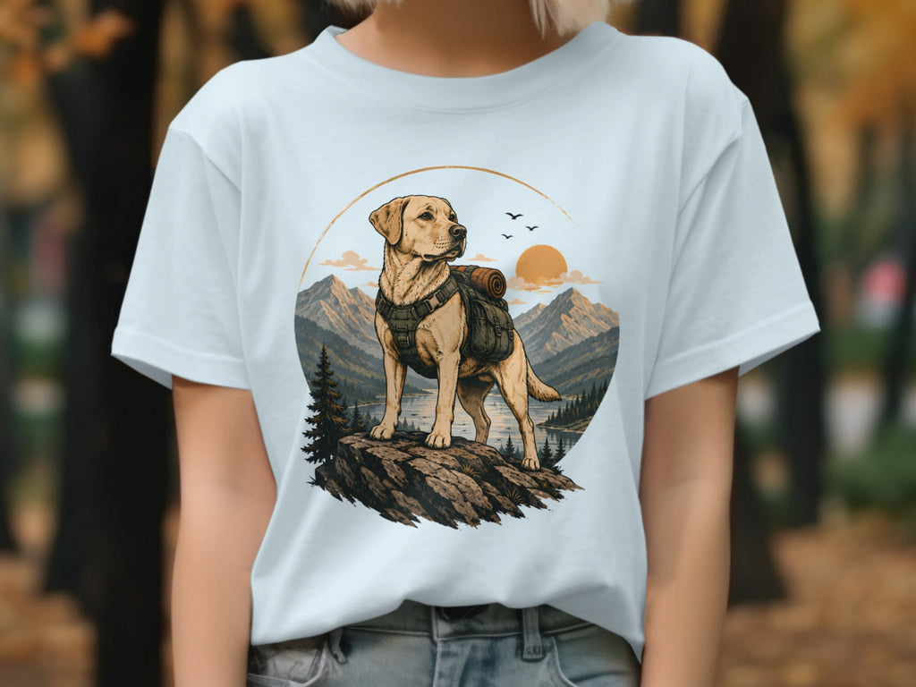 Labrador retriever wearing a backpack on a rock overlooking a lake and mountains.