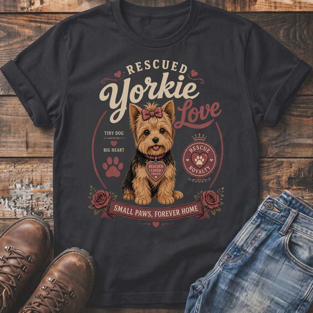 T-shirt with a rescued Yorkie graphic and text "Rescued Yorkie Love".