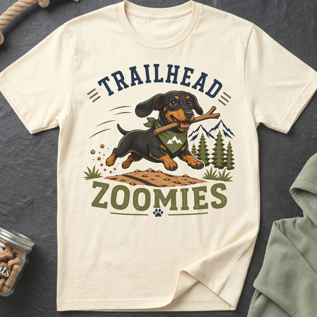 Dachshund with stick running through nature, with text "TRAILHEAD ZOOMIES".