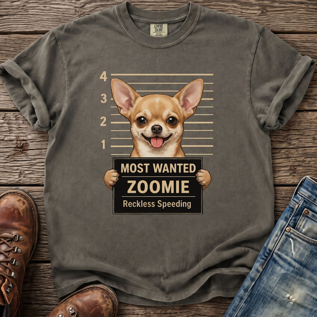 Chihuahua mugshot graphic on gray t-shirt with text "Most Wanted Zoomie Reckless Speeding".