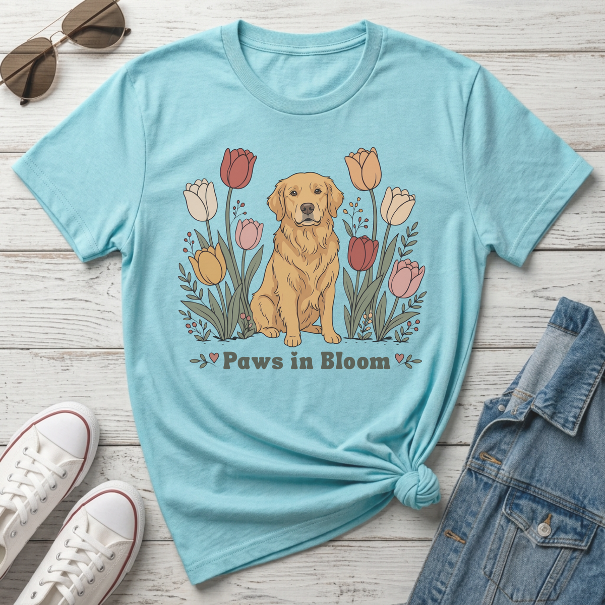 Light blue t-shirt with a golden retriever and tulips graphic that reads "Paws in Bloom."