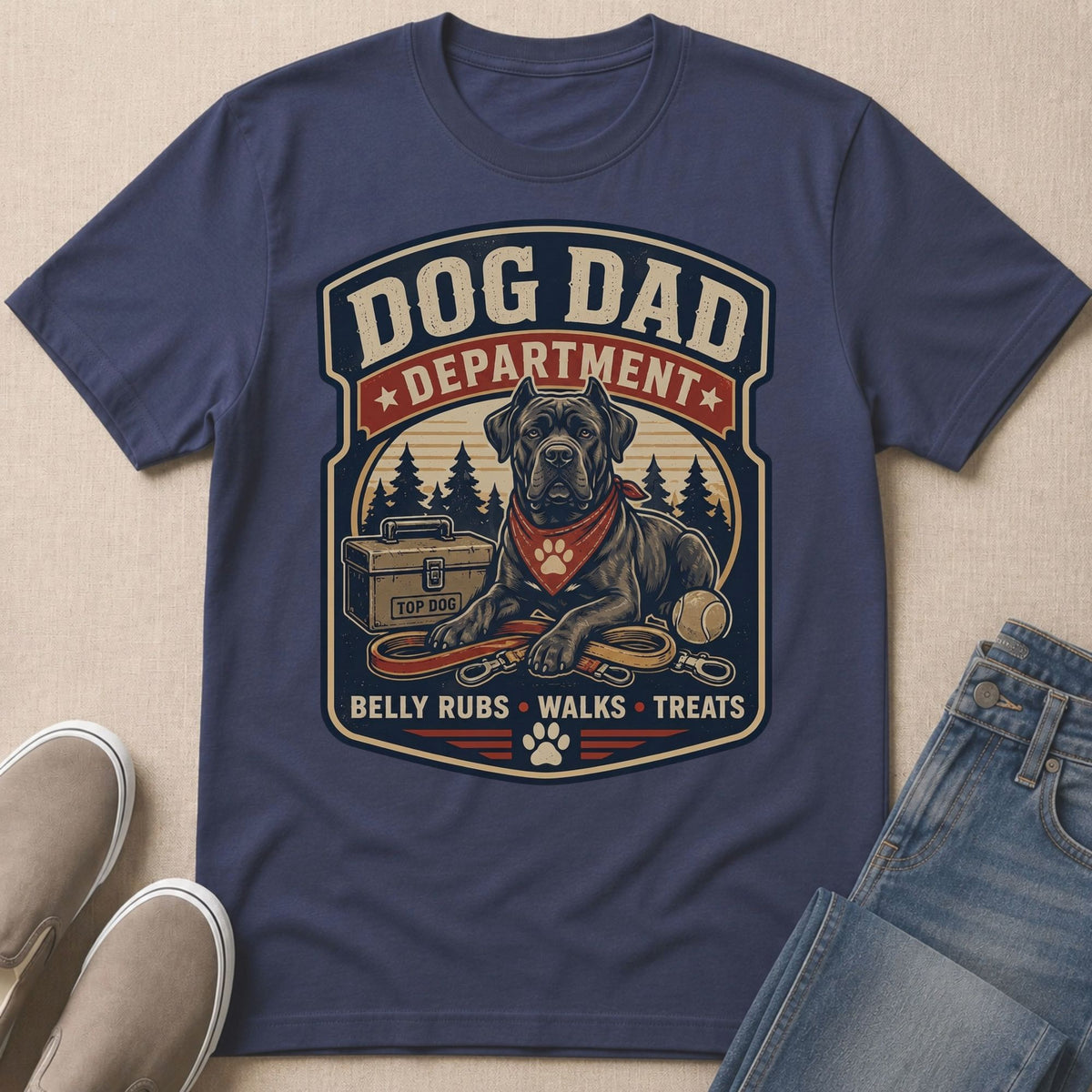 Dog Dad Department graphic with a dog, leash, and toolbox, reading "Belly Rubs Walks Treats".