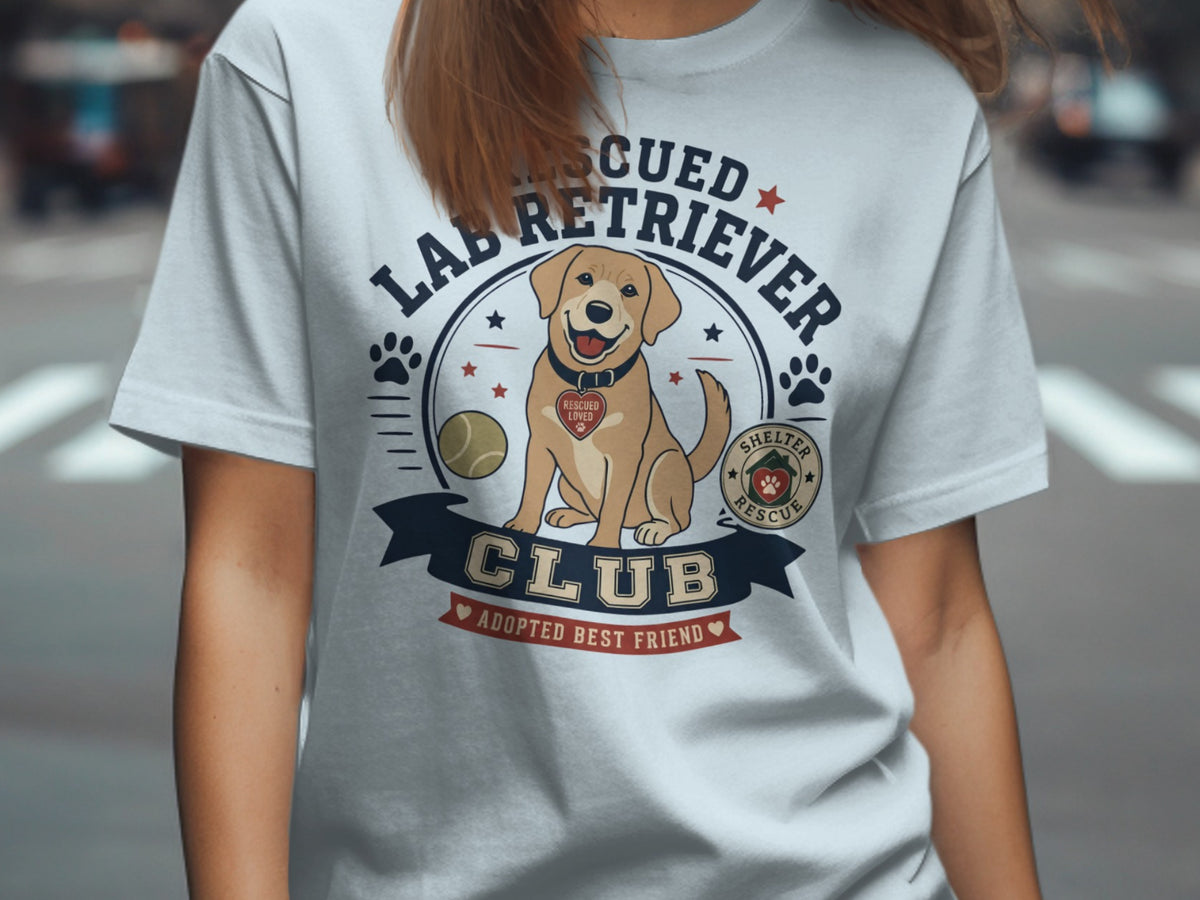Rescued Lab Retriever Club graphic with a dog, tennis ball, and shelter rescue emblem.