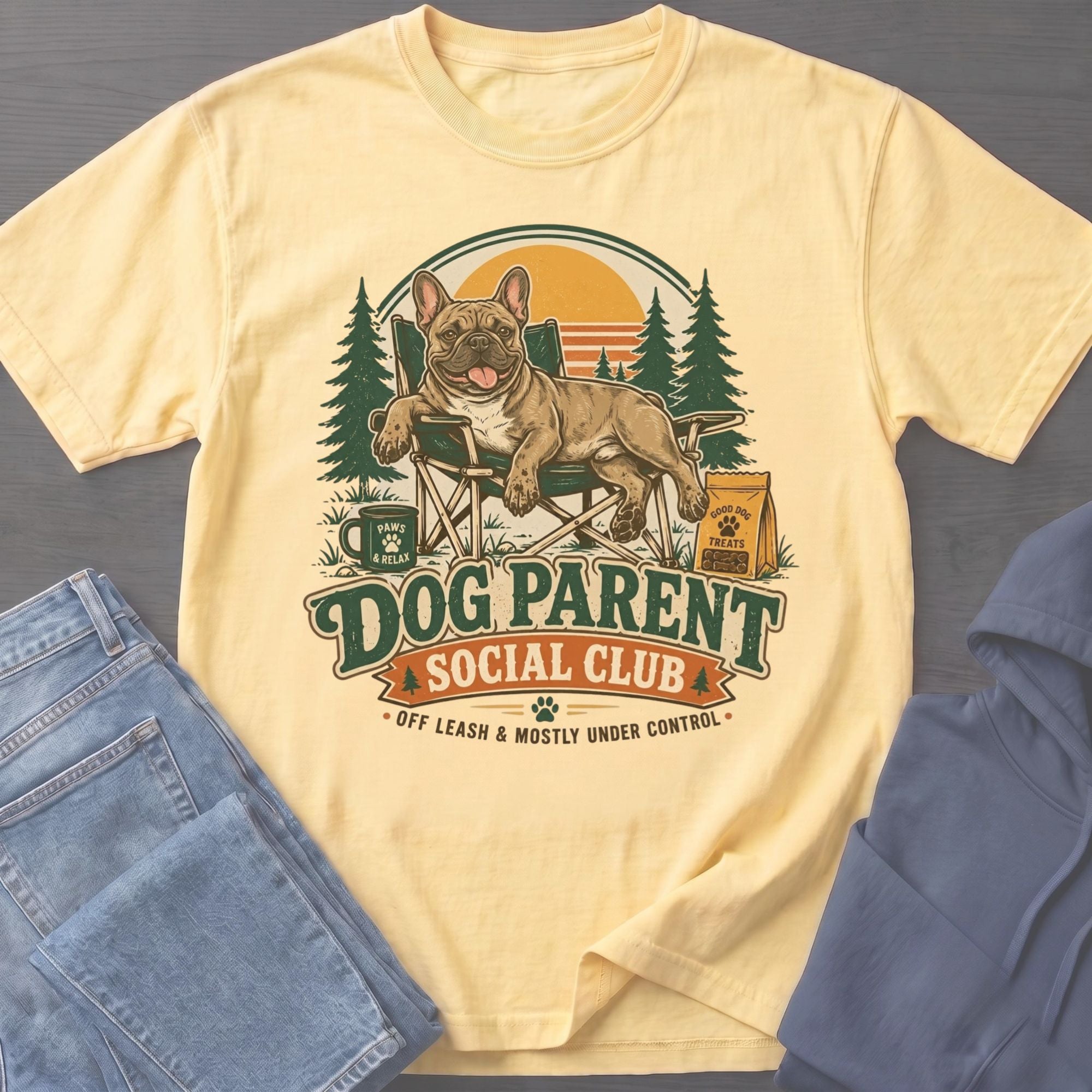 Yellow t-shirt with French bulldog relaxing in camp chair and text "Dog Parent Social Club".