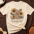 Cream t-shirt with a Yorkshire Terrier and sunflowers graphic that reads "You Are My Sunshine Pup".