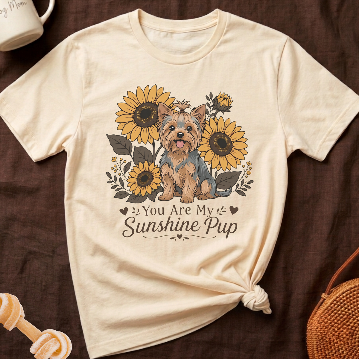 Cream t-shirt with a Yorkshire Terrier and sunflowers graphic that reads "You Are My Sunshine Pup".