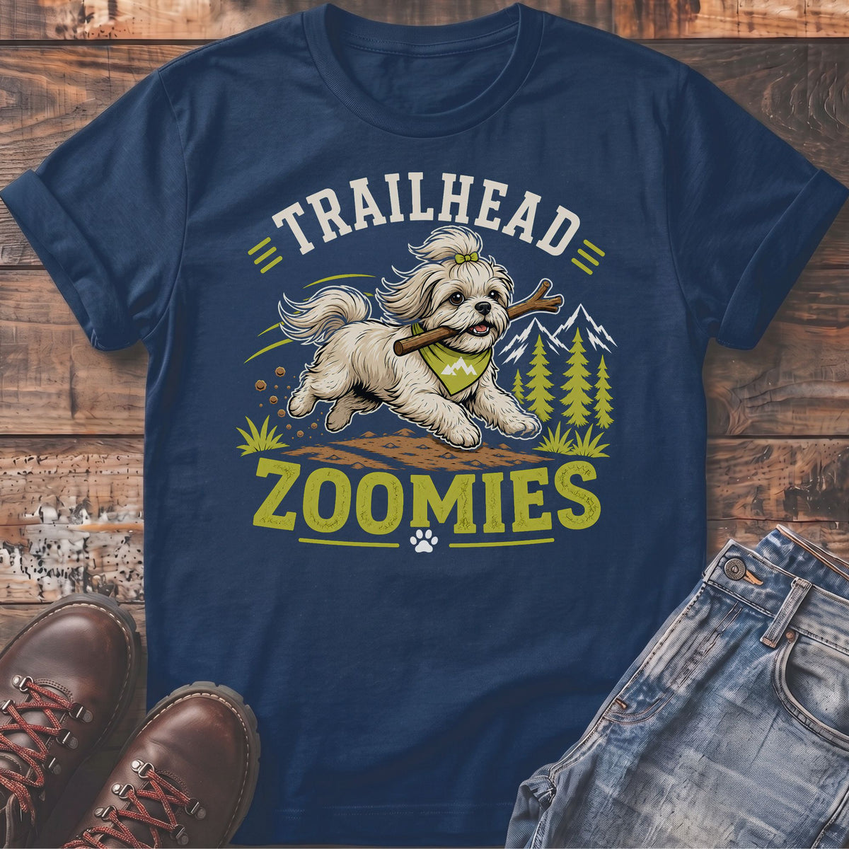 Shih Tzu with stick in mouth on shirt with "TRAILHEAD ZOOMIES" text.