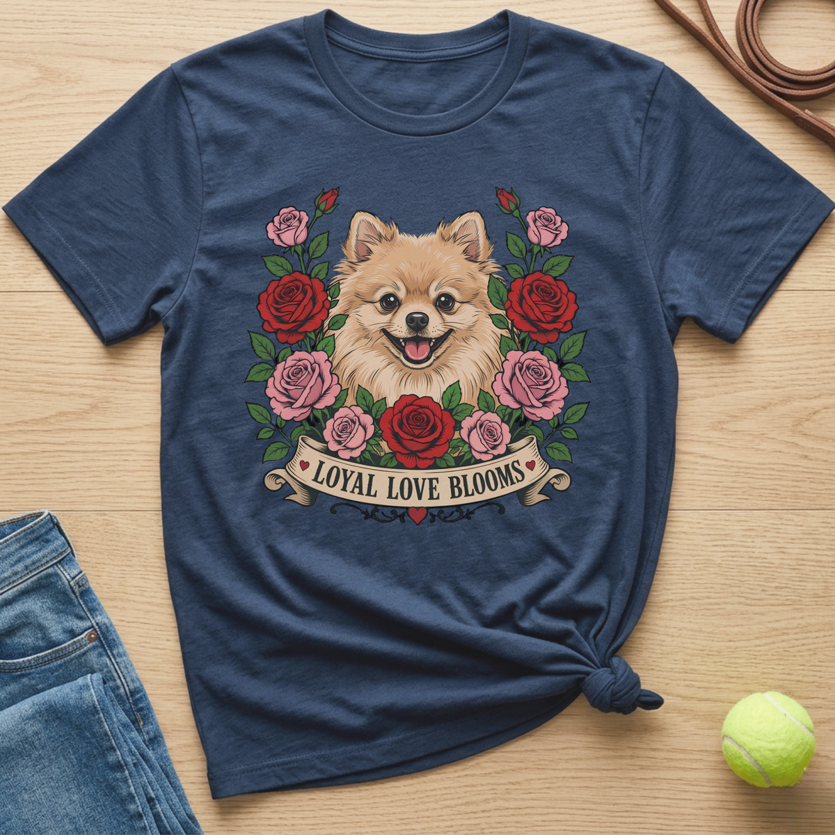 Navy t-shirt with Pomeranian dog illustration surrounded by roses and banner that reads "LOYAL LOVE BLOOMS".