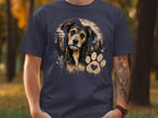 T-shirt with a dog portrait, paw print, and forest scene graphic.
