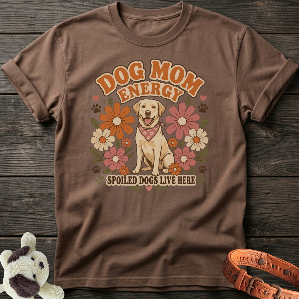 Brown t-shirt with dog mom energy graphic and a happy labrador wearing a bandana.