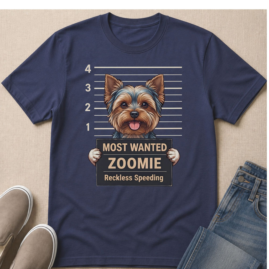 Yorkshire terrier mugshot with "MOST WANTED ZOOMIE Reckless Speeding" text.