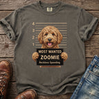 Goldendoodle mugshot graphic with text "Most Wanted Zoomie" and "Reckless Speeding".