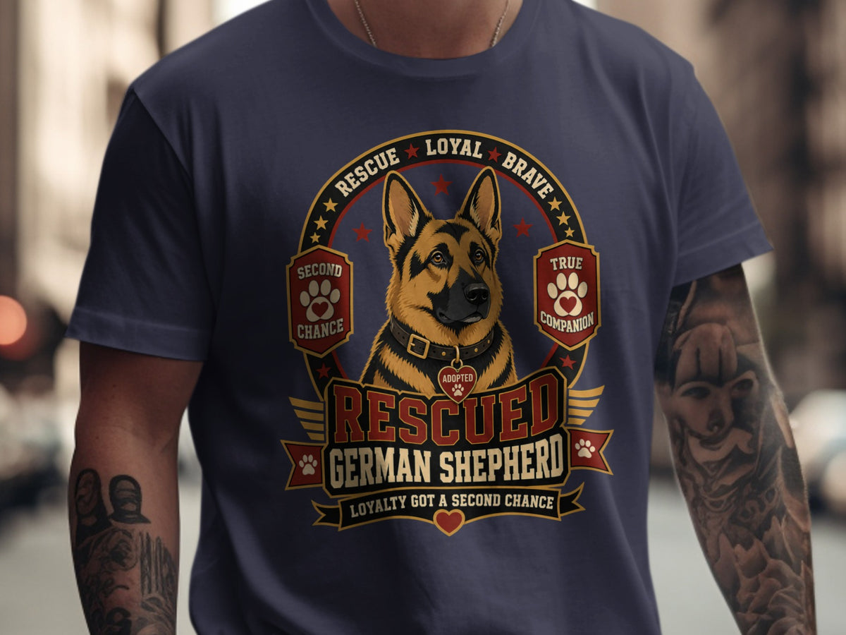 German Shepherd "Rescued" graphic tee with text "Loyalty Got a Second Chance".