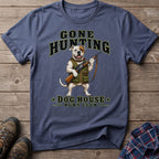 Dog wearing hunting vest and holding rifle with text "Gone Hunting Dog House Hunt Club".