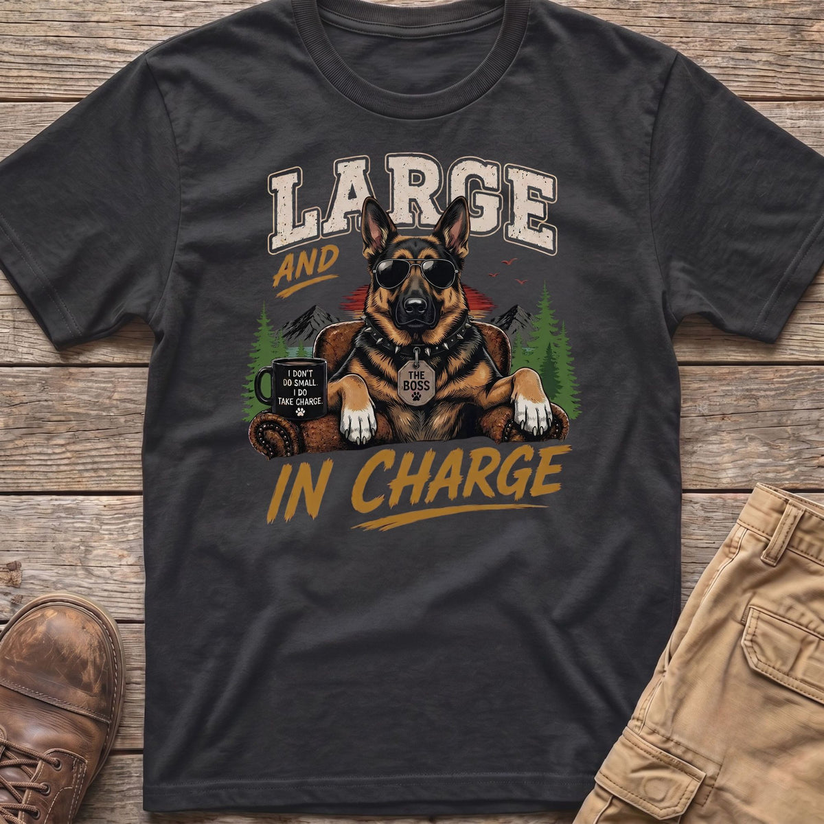 German Shepherd wearing sunglasses and a collar, with "Large and In Charge" text.