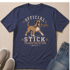 Boxer dog carrying a stick with text "Official Stick Transportation Dept".