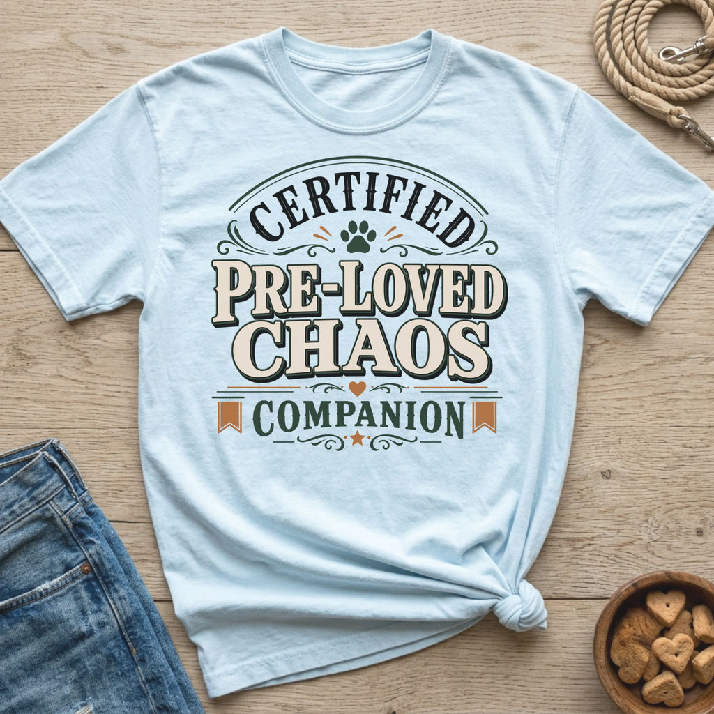 Light blue t-shirt with "Certified Pre-Loved Chaos Companion" text and paw print.