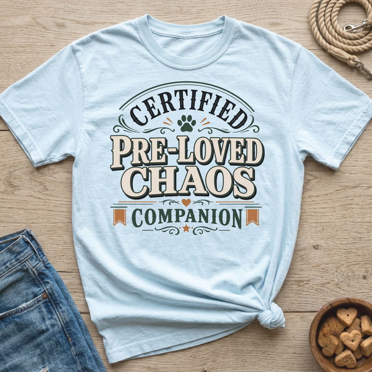 Light blue t-shirt with "Certified Pre-Loved Chaos Companion" text and paw print.