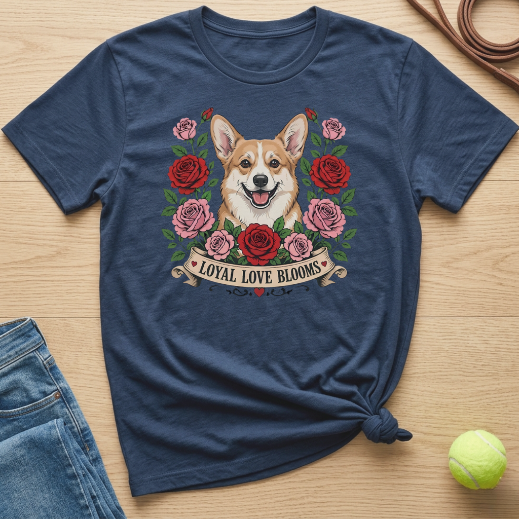 Navy t-shirt with a smiling corgi surrounded by red and pink roses and the text "LOYAL LOVE BLOOMS".