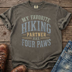 Gray t-shirt with "My Favorite Hiking Partner Has Four Paws" text.