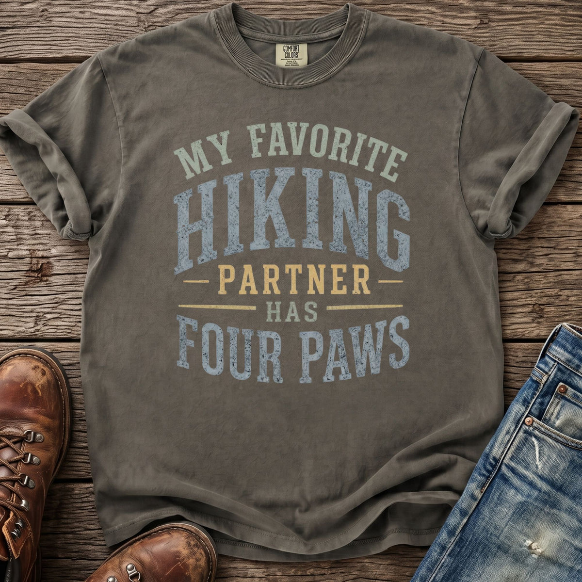 Gray t-shirt with "My Favorite Hiking Partner Has Four Paws" text.