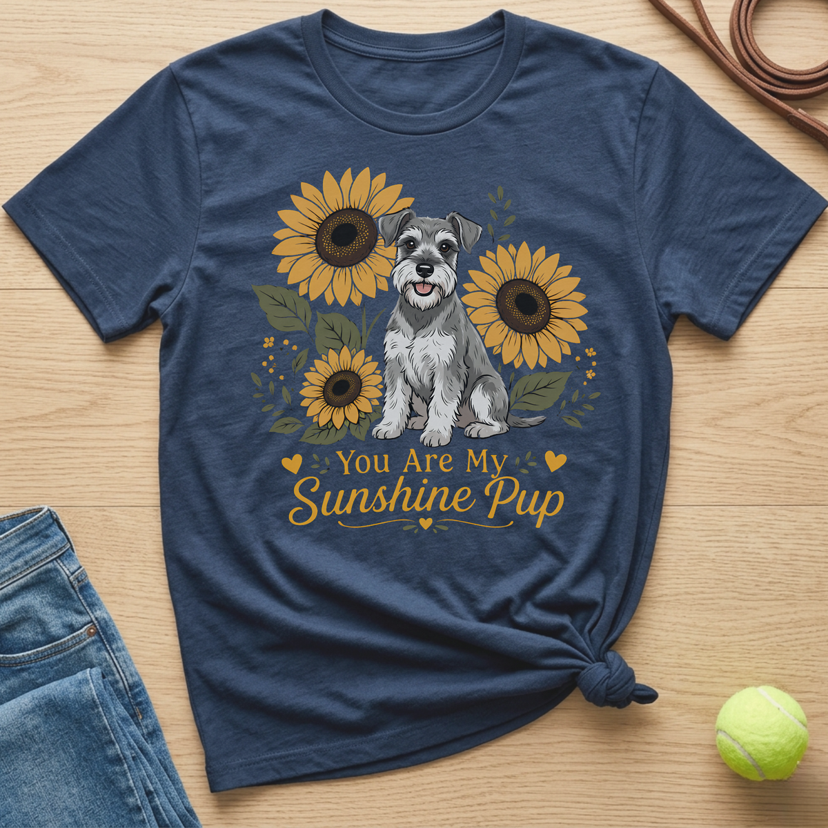 Schnauzer dog and sunflowers graphic with "You Are My Sunshine Pup" text.